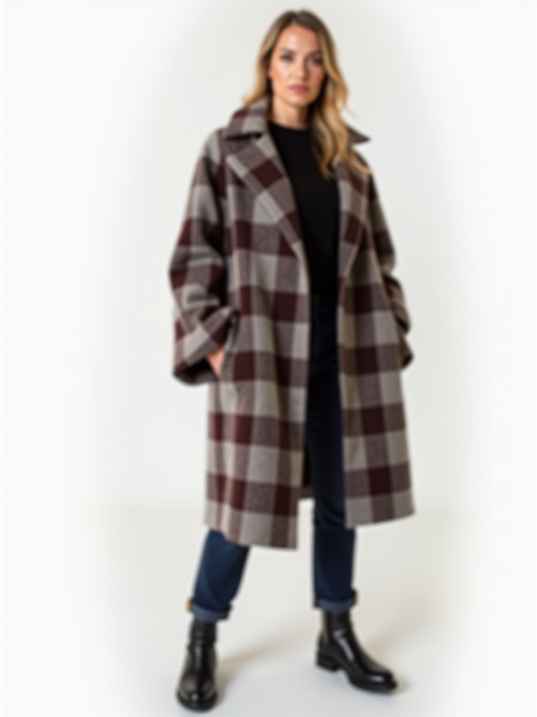 Manteau carreaux en laine avec poches